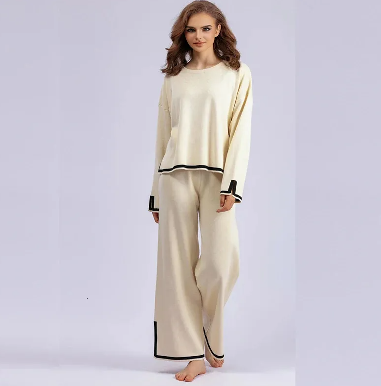 Warm Knitted Women Sweater Tracksuit Split Up Pullover Top + Wide Leg Pants