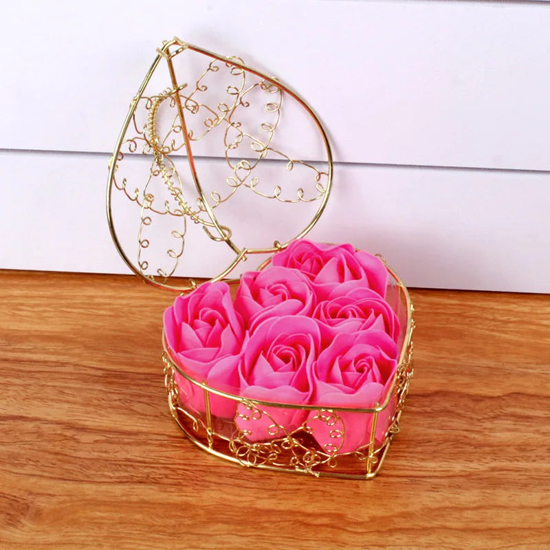 Heartfelt Blooms 6pcs Soap Rose Flowers in Iron Basket Gift Box