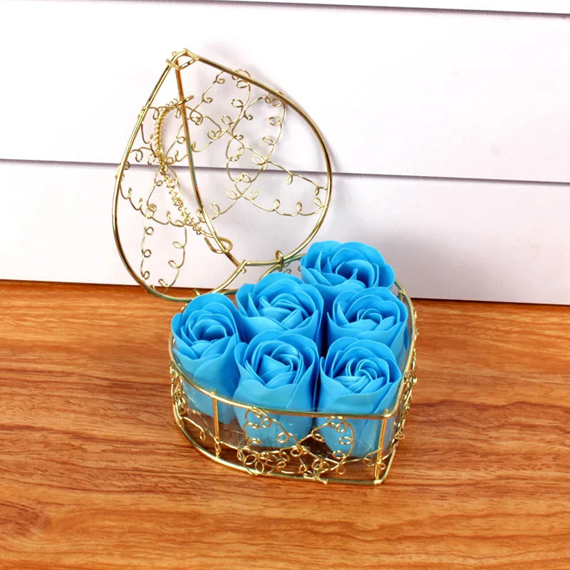 Heartfelt Blooms 6pcs Soap Rose Flowers in Iron Basket Gift Box
