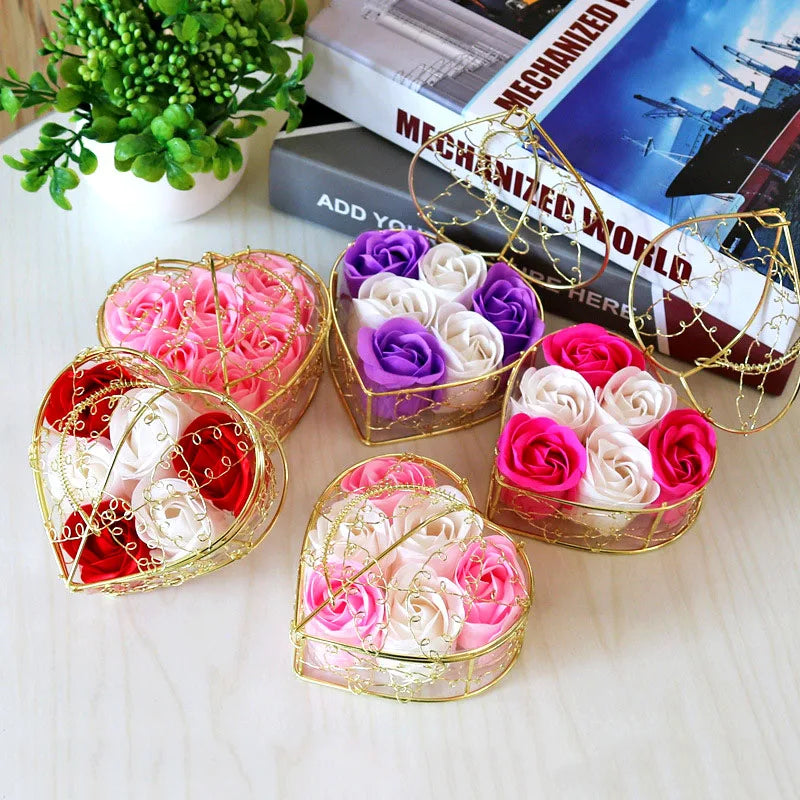 Heartfelt Blooms 6pcs Soap Rose Flowers in Iron Basket Gift Box