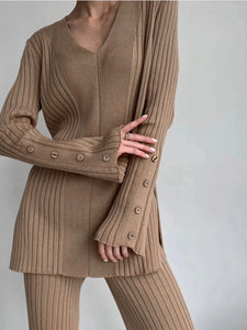 Women V Neck Pullover Sweater and High Waist Trousers Knitwear Elegant Female Suits