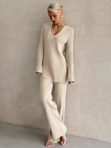 Women V Neck Pullover Sweater and High Waist Trousers Knitwear Elegant Female Suits
