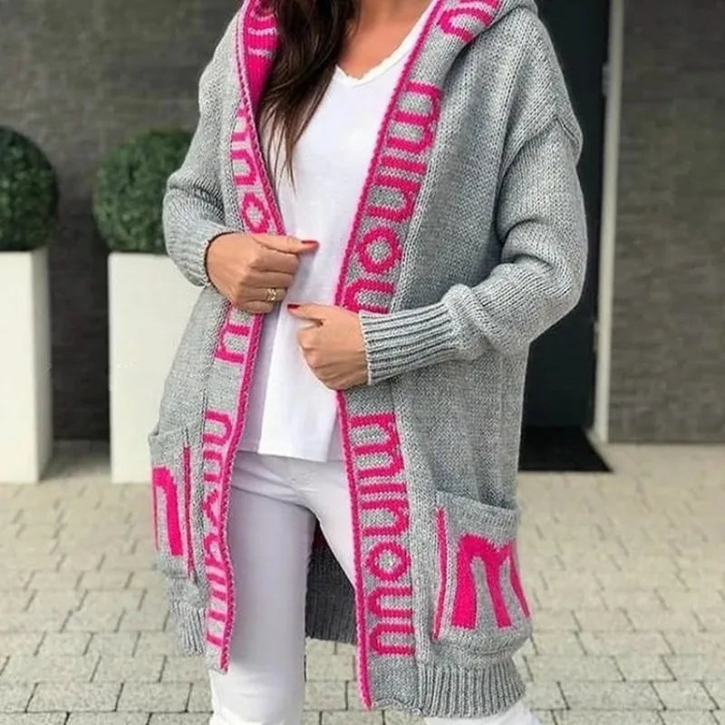 Hooded Letter Cardigan Long Sleeve Knitted Sweater with Pockets