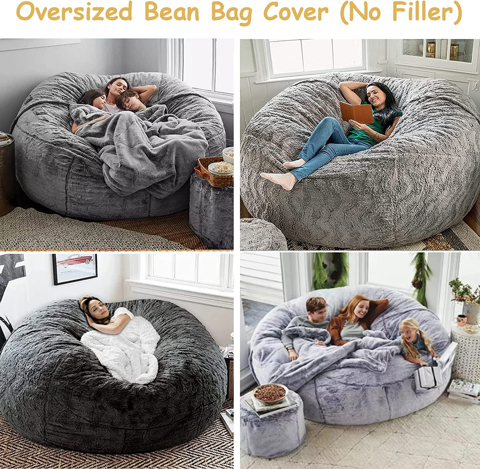 7FT Giant Gray Fur Bean Bag With 400L Filler